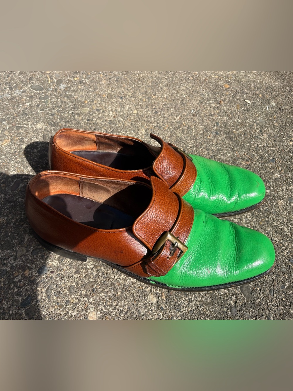 Nunn Bush Two-Tone Green and Brown Leather Slip-On Loafers with Buckle